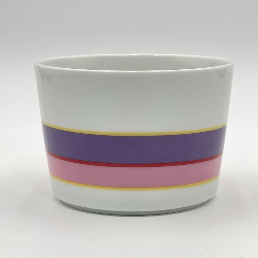 Vintage 1980s FTDA Ceramic Cylinder Vase Purple Pink White Stripes